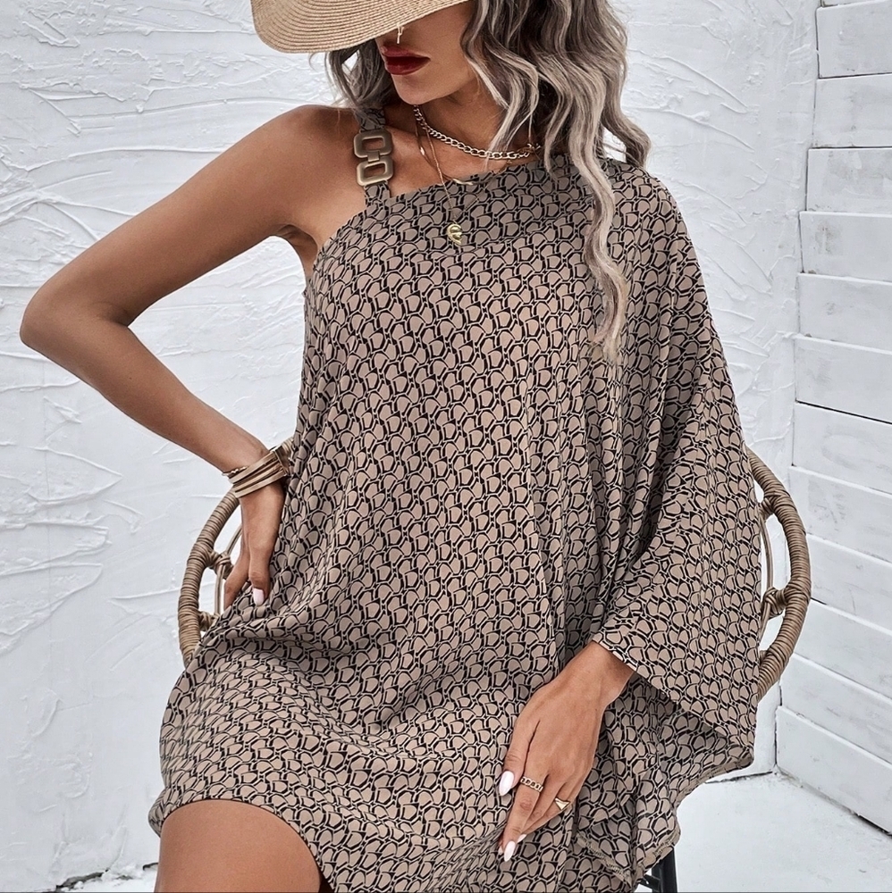 Allover Print Asymmetrical Neck Batwing Sleeve Dress - Picture 2 of 3